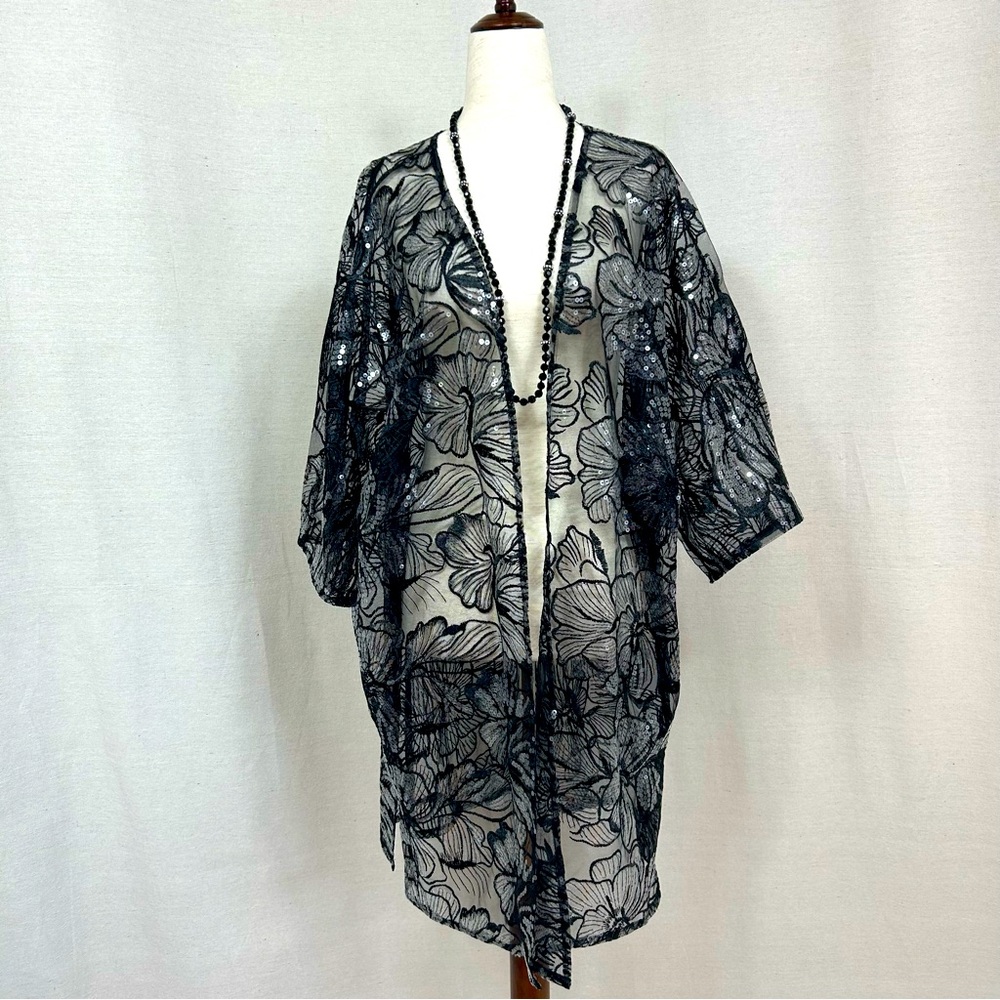 Anne Klein Sequined Floral Black Cover Up Top
